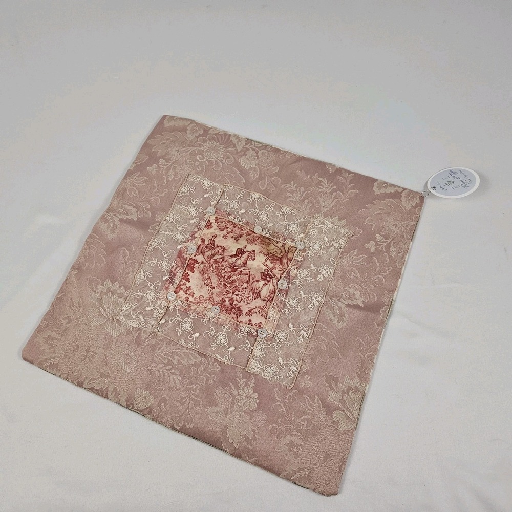 Regency & Thyme Pink Damask Toile Pillow Cover Lace Buttons 16" x 16"